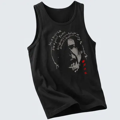 Vintage distressed t-shirt featuring abstract face silhouette and impactful typography — printed on a tank top