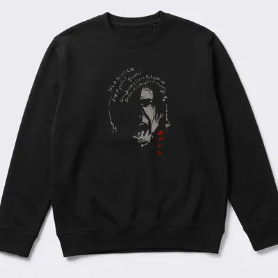 Vintage distressed t-shirt featuring abstract face silhouette and impactful typography — printed on a unisex sweatshirt