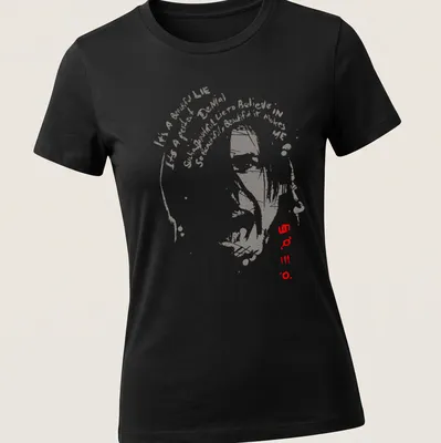 Vintage distressed t-shirt featuring abstract face silhouette and impactful typography — printed on a women's shirt