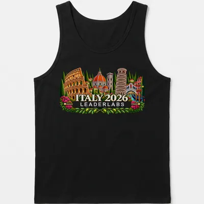 Vibrant illustration of famous Italian landmarks with text Italy 2026 Leaderlabs — printed on a tank top