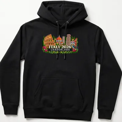 Vibrant illustration of famous Italian landmarks with text Italy 2026 Leaderlabs — printed on a unisex hoodie