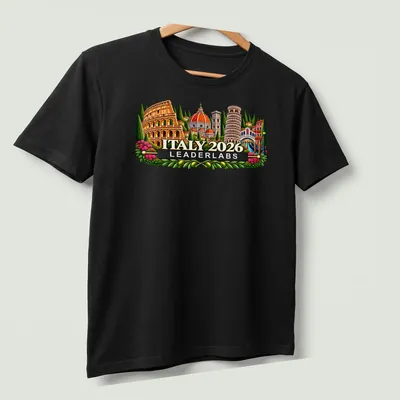 Vibrant illustration of famous Italian landmarks with text Italy 2026 Leaderlabs — printed on a unisex t-shirt (angled view)