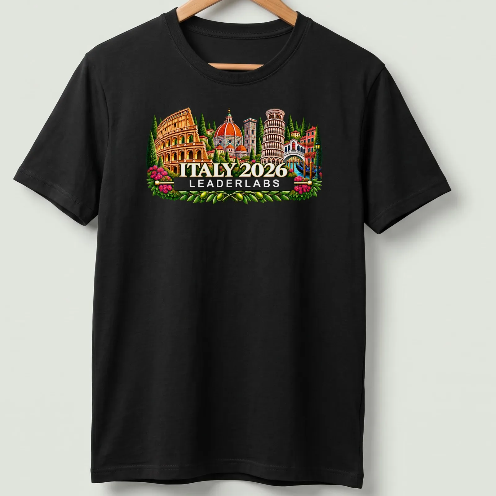 Vibrant illustration of famous Italian landmarks with text Italy 2026 Leaderlabs — printed on a unisex t-shirt