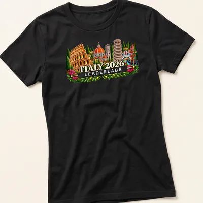 Vibrant illustration of famous Italian landmarks with text Italy 2026 Leaderlabs — printed on a women's shirt