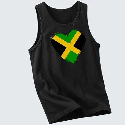 Distressed heart shaped Jamaica flag design in green, black, and yellow. — printed on a tank top
