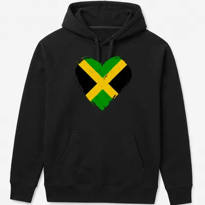 Distressed heart shaped Jamaica flag design in green, black, and yellow. — printed on a unisex hoodie