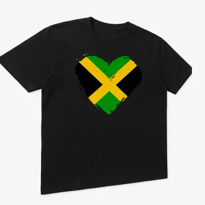 Distressed heart shaped Jamaica flag design in green, black, and yellow. — printed on a unisex t-shirt (angled view)