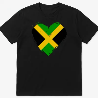 Distressed heart shaped Jamaica flag design in green, black, and yellow.