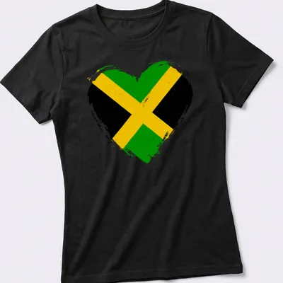 Distressed heart shaped Jamaica flag design in green, black, and yellow. — printed on a women's shirt