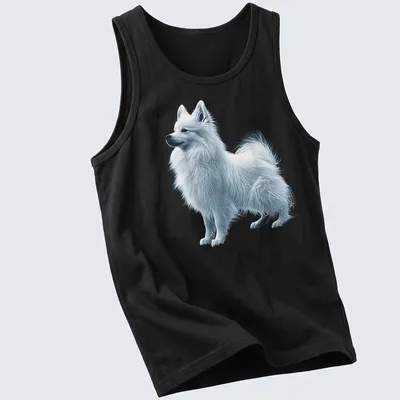 Illustration of a Japanese Spitz dog in white, light blue, and gray tones — printed on a tank top