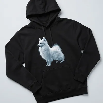 Illustration of a Japanese Spitz dog in white, light blue, and gray tones — printed on a unisex hoodie