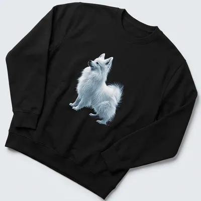 Illustration of a Japanese Spitz dog in white, light blue, and gray tones — printed on a unisex sweatshirt
