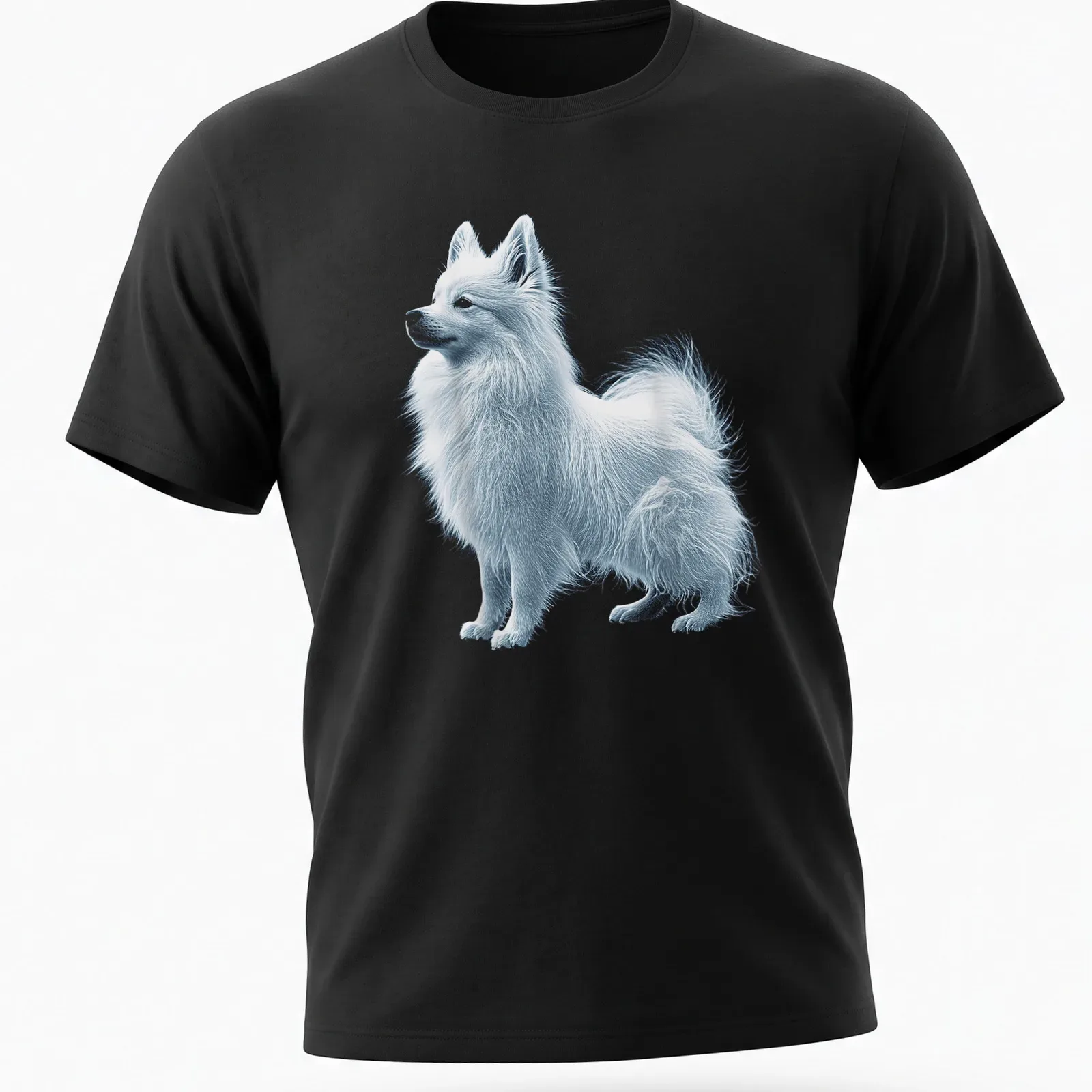 Illustration of a Japanese Spitz dog in white, light blue, and gray tones — printed on a unisex t-shirt
