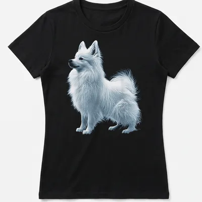 Illustration of a Japanese Spitz dog in white, light blue, and gray tones — printed on a women's shirt