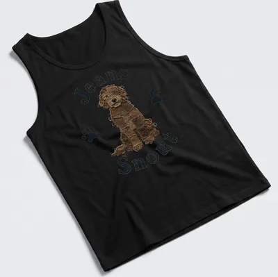 Patch art style T-shirt featuring a brown doodle dog with the text 'Jeans Snout' — printed on a tank top