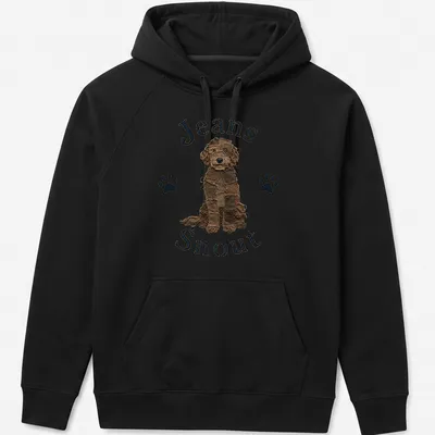 Patch art style T-shirt featuring a brown doodle dog with the text 'Jeans Snout' — printed on a unisex hoodie