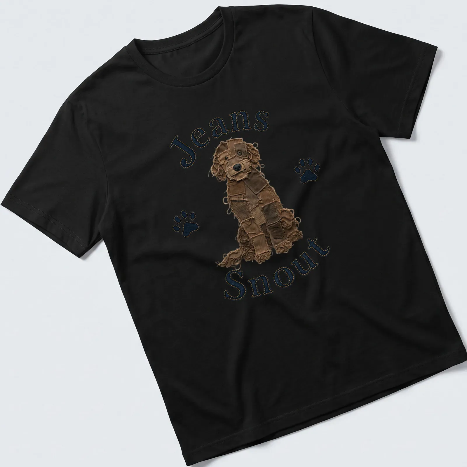Patch art style T-shirt featuring a brown doodle dog with the text 'Jeans Snout' — printed on a unisex t-shirt