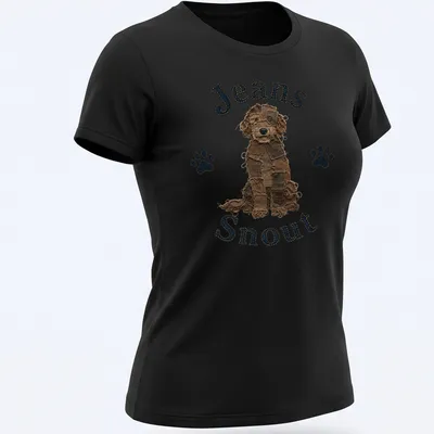 Patch art style T-shirt featuring a brown doodle dog with the text 'Jeans Snout' — printed on a women's shirt
