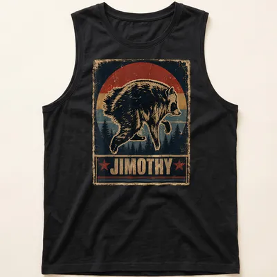 Vintage distressed t-shirt featuring cartoon raccoon and bold text Jimothy — printed on a tank top
