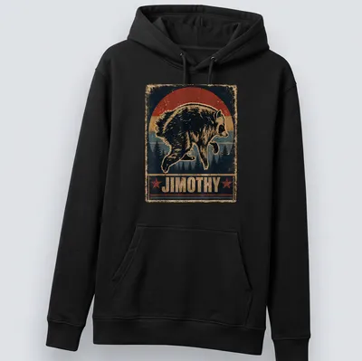 Vintage distressed t-shirt featuring cartoon raccoon and bold text Jimothy — printed on a unisex hoodie