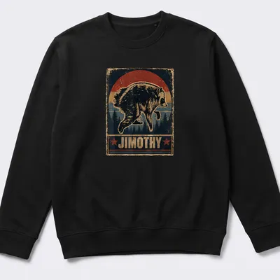 Vintage distressed t-shirt featuring cartoon raccoon and bold text Jimothy — printed on a unisex sweatshirt