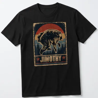 Vintage distressed t-shirt featuring cartoon raccoon and bold text Jimothy