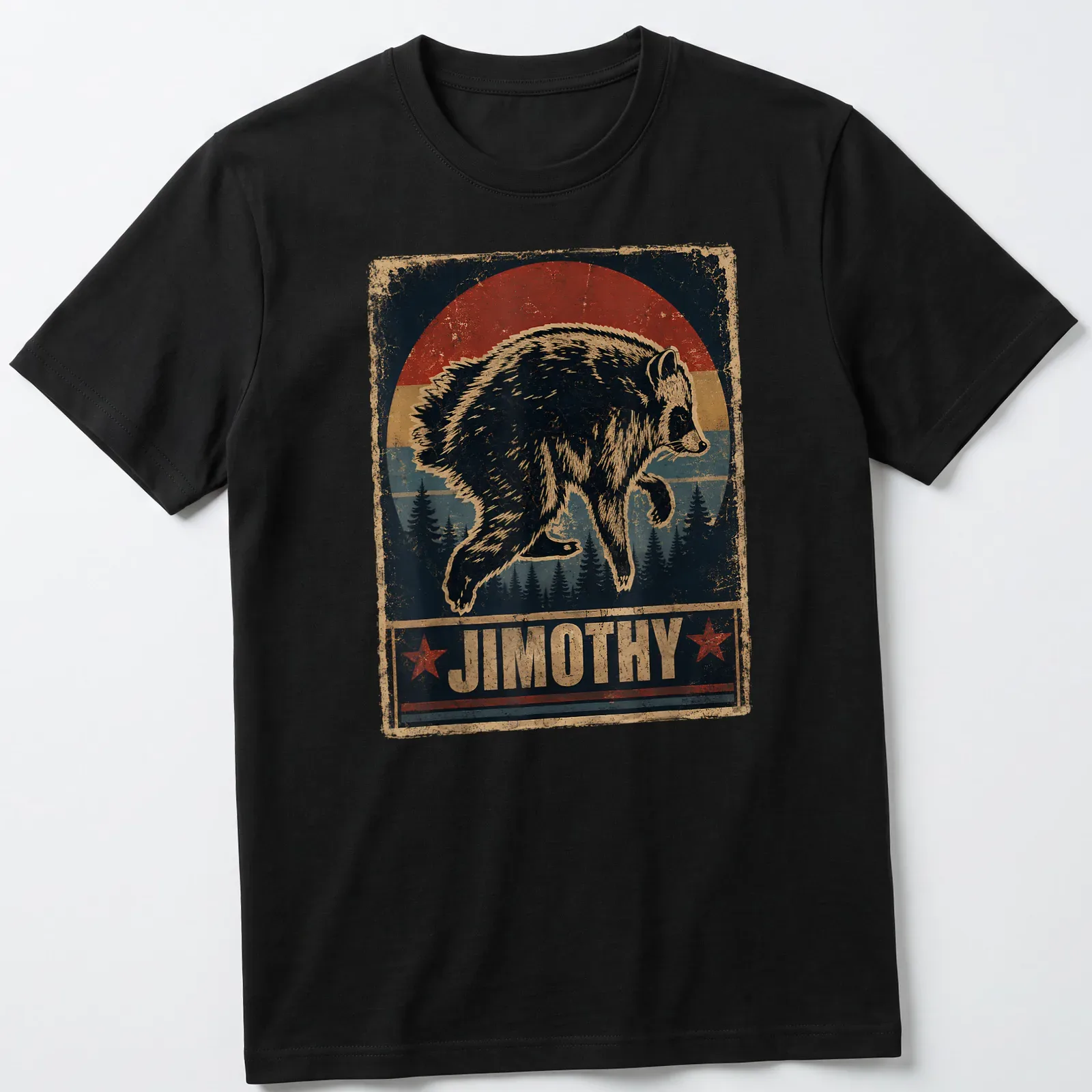 Vintage distressed t-shirt featuring cartoon raccoon and bold text Jimothy — printed on a unisex t-shirt