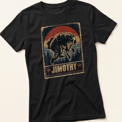 Vintage distressed t-shirt featuring cartoon raccoon and bold text Jimothy — printed on a women's shirt