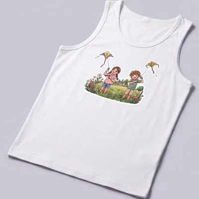 Kawaii illustration of children joyfully flying colorful kites in the countryside — printed on a tank top