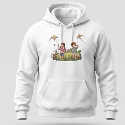 Kawaii illustration of children joyfully flying colorful kites in the countryside — printed on a unisex hoodie
