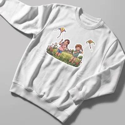 Kawaii illustration of children joyfully flying colorful kites in the countryside — printed on a unisex sweatshirt