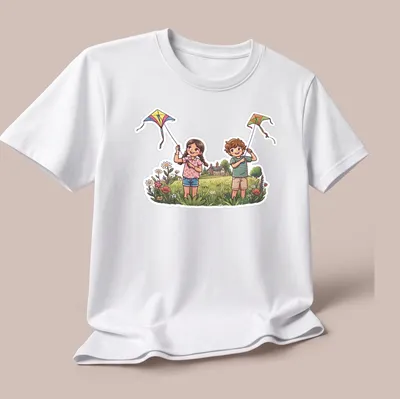 Kawaii illustration of children joyfully flying colorful kites in the countryside — printed on a unisex t-shirt (angled view)