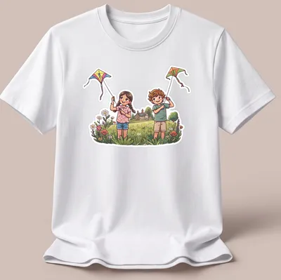 Kawaii illustration of children joyfully flying colorful kites in the countryside