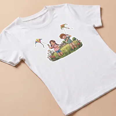 Kawaii illustration of children joyfully flying colorful kites in the countryside — printed on a women's shirt