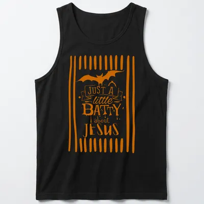 Playful T-shirt featuring a bat and the text 'Just A Little Batty About Jesus' in orange and white — printed on a tank top