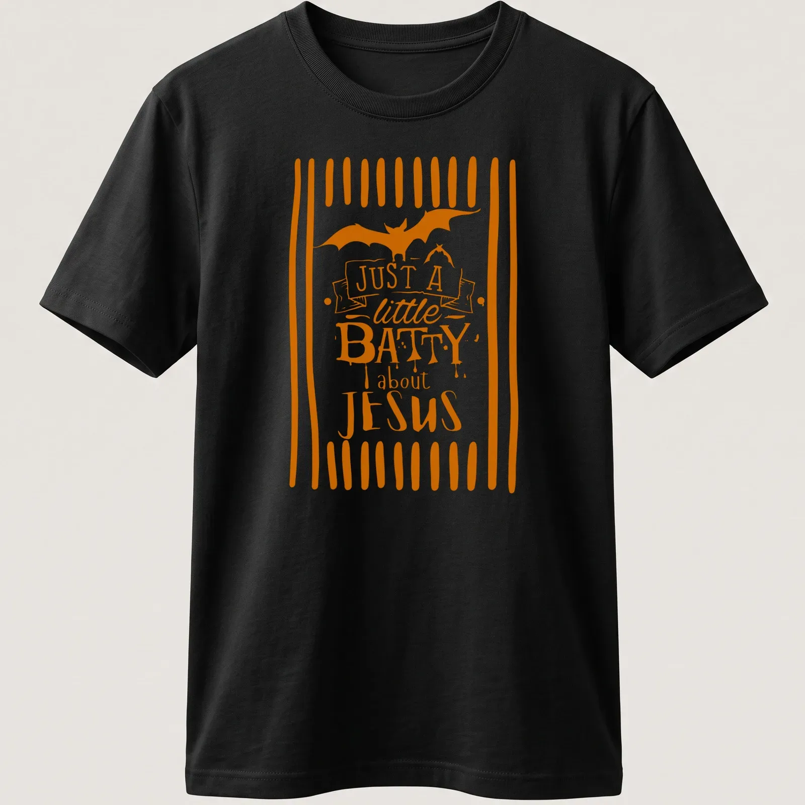 Playful T-shirt featuring a bat and the text 'Just A Little Batty About Jesus' in orange and white — printed on a unisex t-shirt