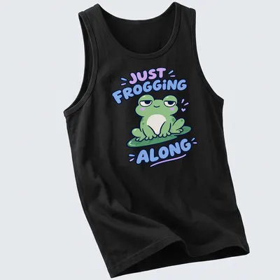 Kawaii design featuring a cute green frog with the phrase Just Frogging Along above it — printed on a tank top