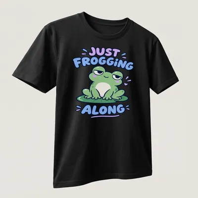 Kawaii design featuring a cute green frog with the phrase Just Frogging Along above it — printed on a unisex t-shirt (angled view)