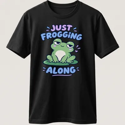 Kawaii design featuring a cute green frog with the phrase Just Frogging Along above it