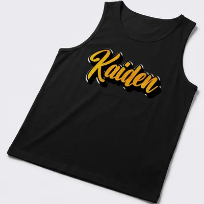 Personalized T-shirt with the name Kaiden in bold gold script on black — printed on a tank top