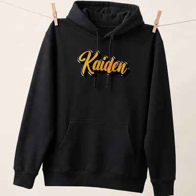 Personalized T-shirt with the name Kaiden in bold gold script on black — printed on a unisex hoodie