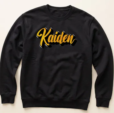 Personalized T-shirt with the name Kaiden in bold gold script on black — printed on a unisex sweatshirt