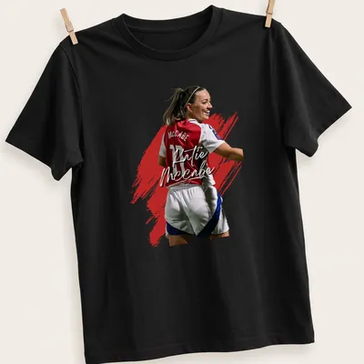 Painted effect t-shirt featuring soccer player Katie McCabe in red, white, and blue