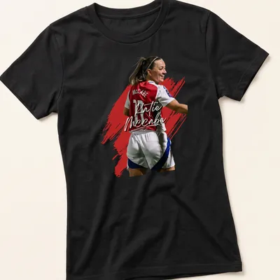 Painted effect t-shirt featuring soccer player Katie McCabe in red, white, and blue — printed on a women's shirt