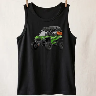 Detailed UTV illustration with the word Kawasaki in green, black, and orange — printed on a tank top
