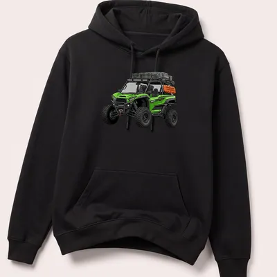 Detailed UTV illustration with the word Kawasaki in green, black, and orange — printed on a unisex hoodie