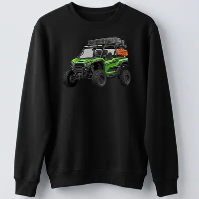 Detailed UTV illustration with the word Kawasaki in green, black, and orange — printed on a unisex sweatshirt