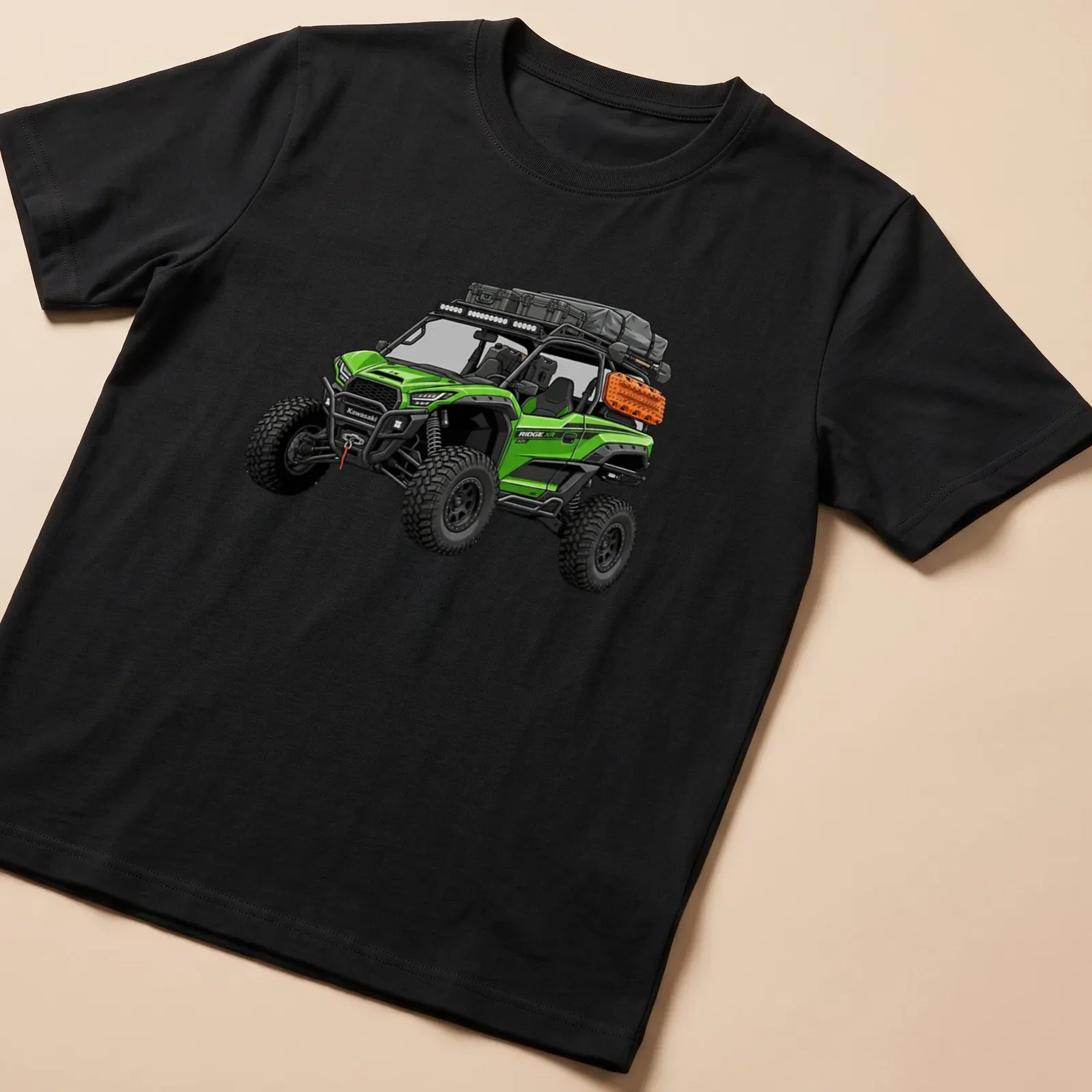 Detailed UTV illustration with the word Kawasaki in green, black, and orange — printed on a unisex t-shirt