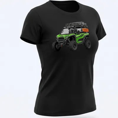 Detailed UTV illustration with the word Kawasaki in green, black, and orange — printed on a women's shirt
