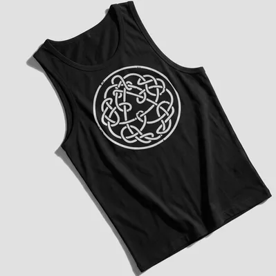 Intricate Celtic knot design in white line art on a — printed on a tank top